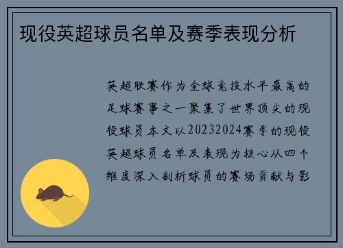 现役英超球员名单及赛季表现分析